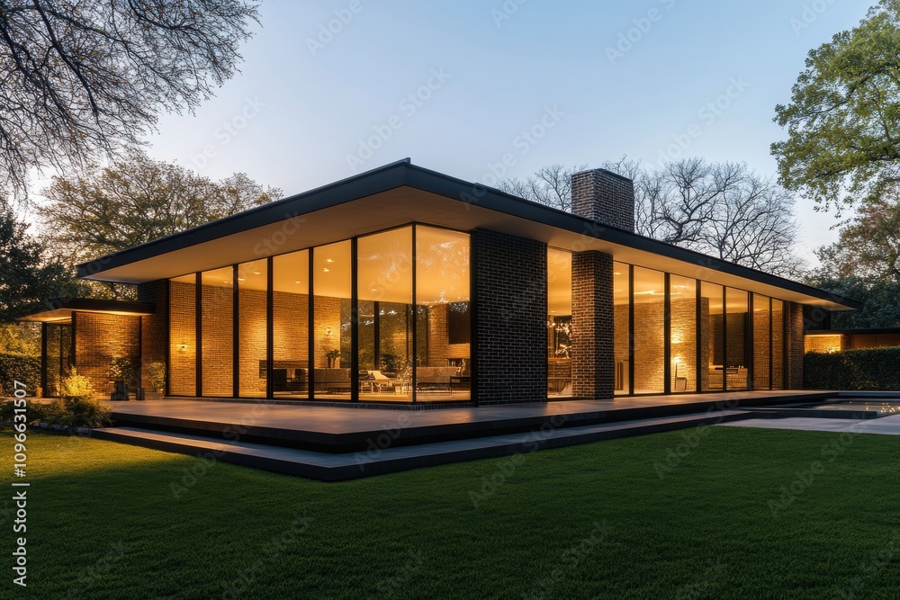 Modern glass house with warm interior lighting, showcasing sleek architecture, large windows, and lush green surroundings at dusk. Modern glass house with warm interior lighting, showcasing sleek architecture, large windows, and lush green surroundings at dusk.