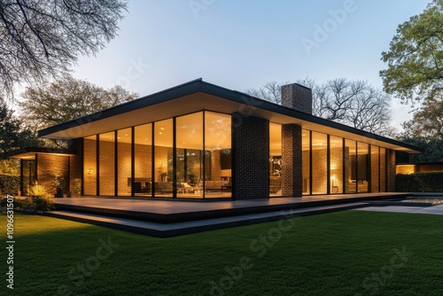 Modern glass house with warm interior lighting, showcasing sleek architecture, large windows, and lush green surroundings at dusk.