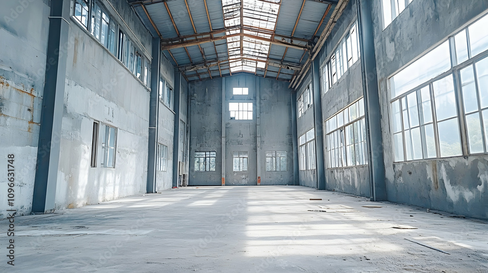 Obraz premium Sunlit Empty Industrial Warehouse Interior