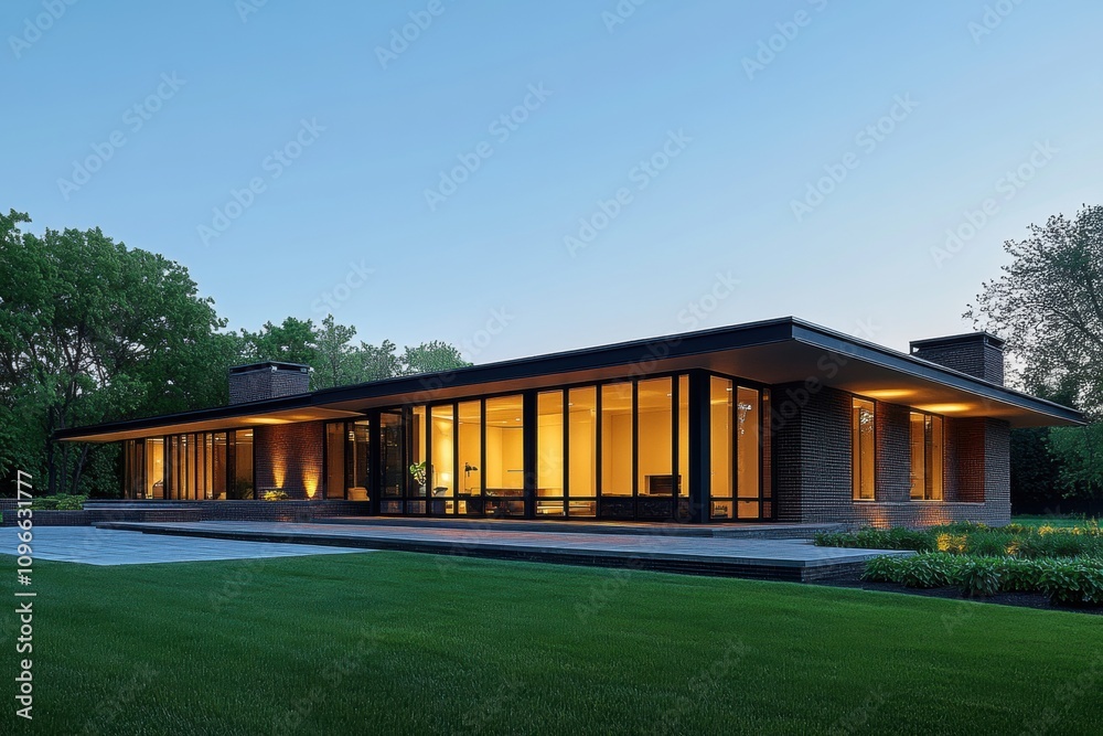 Modern glass house with warm interior lighting, showcasing sleek architecture, large windows, and lush green surroundings at dusk. Modern glass house with warm interior lighting, showcasing sleek architecture, large windows, and lush green surroundings at dusk.