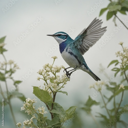 A bright cerulean warbler flying across a soft, shell-patterned landscape with a white natural background.