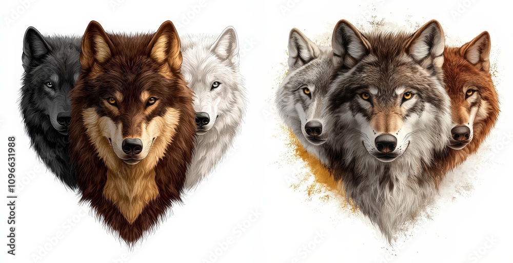 A stunning illustration of wolf heads featuring diverse colors and expressions, symbolizing strength and unity. A stunning illustration of wolf heads featuring diverse colors and expressions, symbolizing strength and unity.