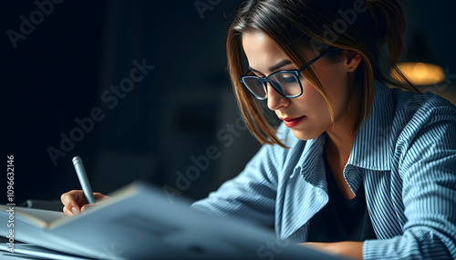 Thoughtful executive planning tasks working late. Closeup busy woman studying isolated highlighted by white, png