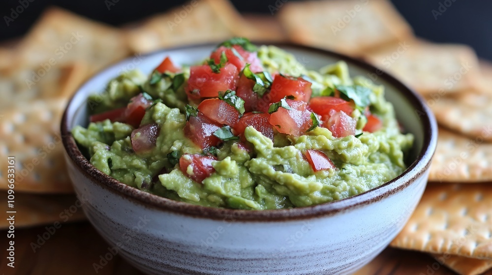 Fresh Guacamole with Tomatoes and Basil Served with Crackers Fresh Guacamole with Tomatoes and Basil Served with Crackers