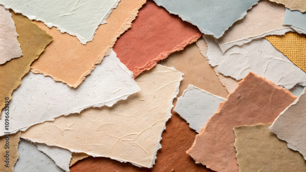 Fototapeta premium Torn pieces of textured paper in various colors create vibrant background. overlapping layers showcase shades of blue, orange, beige, and brown, adding depth and interest