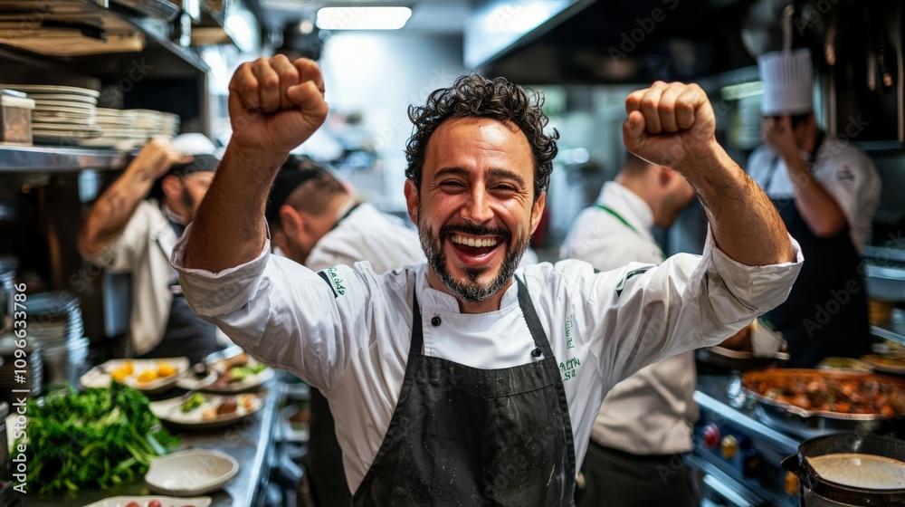 Obraz premium Chefs celebrating a successful service in a bustling kitchen