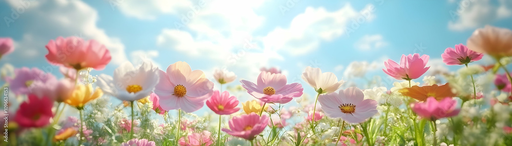 Vibrant Cosmos Flowers Bloom Brightly Under a Sunny Sky Vibrant Cosmos Flowers Bloom Brightly Under a Sunny Sky