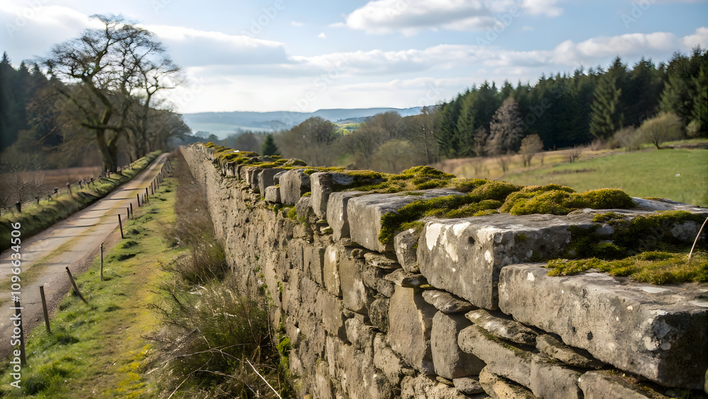 scenic view of stone wall covered in moss, surrounded by lush greenery and winding path. landscape features trees and rolling hills under bright sky scenic view of stone wall covered in moss, surrounded by lush greenery and winding path. landscape features trees and rolling hills under bright sky