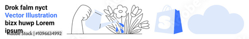 Hand pouring water onto flowers with a watering can. Nearby, a shopping bag symbol and a cloud icon. Ideal for gardening, e-commerce, cloud computing, environmental care, and online services. Landing