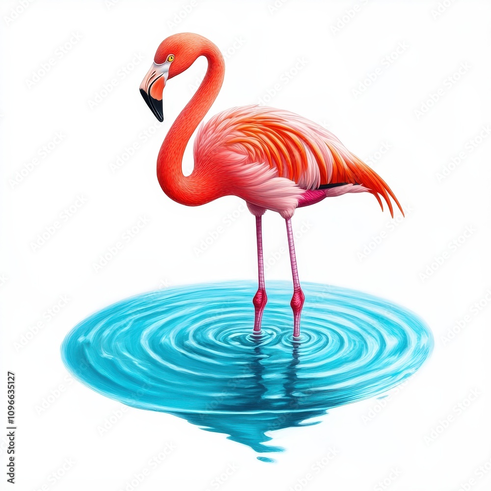 Obraz premium A vibrant pink flamingo stands gracefully in tranquil blue water, showcasing its stunning plumage and elegant posture.
