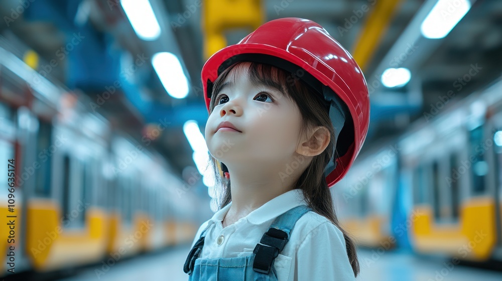 Future Engineer: A curious young girl, wearing a red hard hat, gazes thoughtfully into the vast expanse of a subway station, her expression hinting at dreams of engineering and innovation. Future Engineer: A curious young girl, wearing a red hard hat, gazes thoughtfully into the vast expanse of a subway station, her expression hinting at dreams of engineering and innovation.