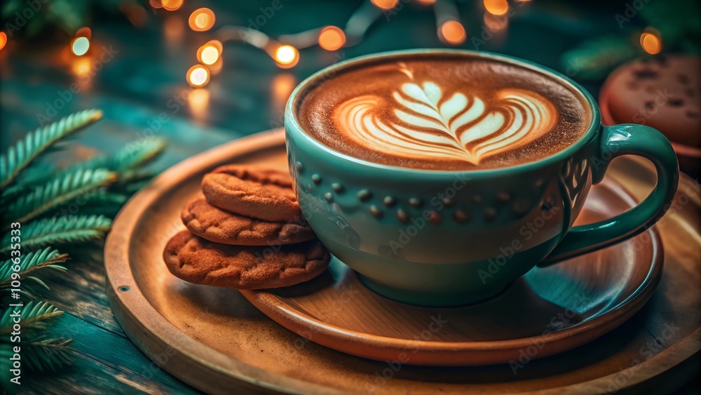 Cozy latte ceramic cup, served with cookies on a wooden plate, surrounded by festive Christmas lights and pine branches. Cozy latte ceramic cup, served with cookies on a wooden plate, surrounded by festive Christmas lights and pine branches.