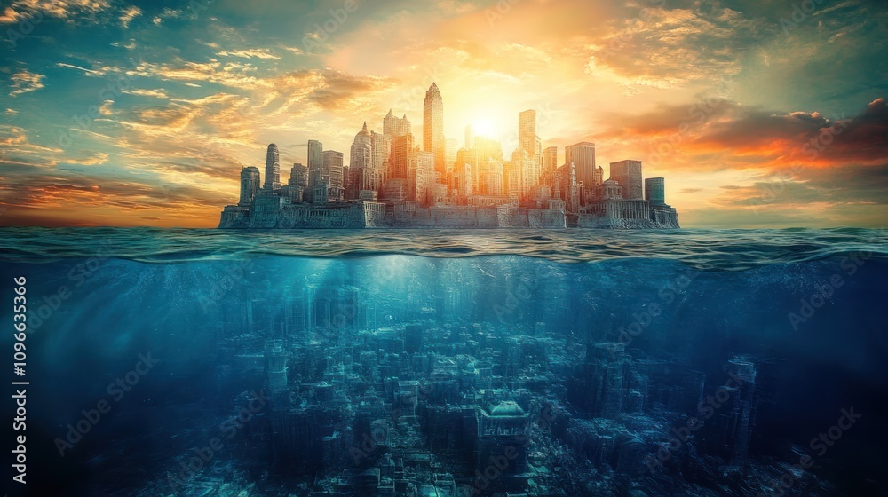 Fototapeta premium A surreal cityscape above and below water, depicting a submerged urban environment.