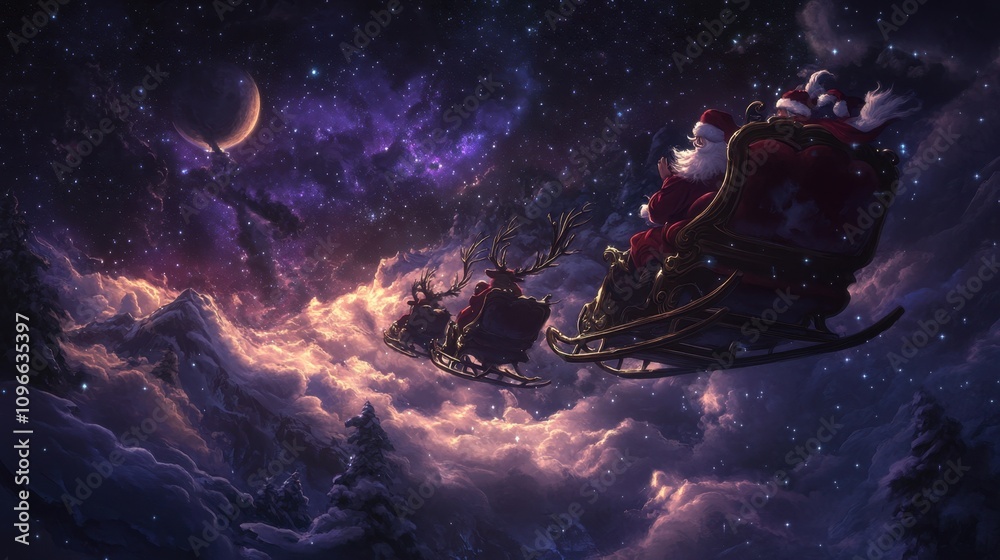 Obraz premium Santa and reindeer racing through the starry sky, with moonlight casting intricate shadows and illuminating their path.