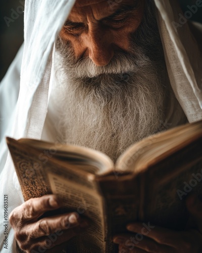 Spiritual devotion - venerable rabbi immersed in studying sacred Hebrew writings, symbolizing faith, cultural heritage, profound knowledge in serene atmosphere of synagogue.
