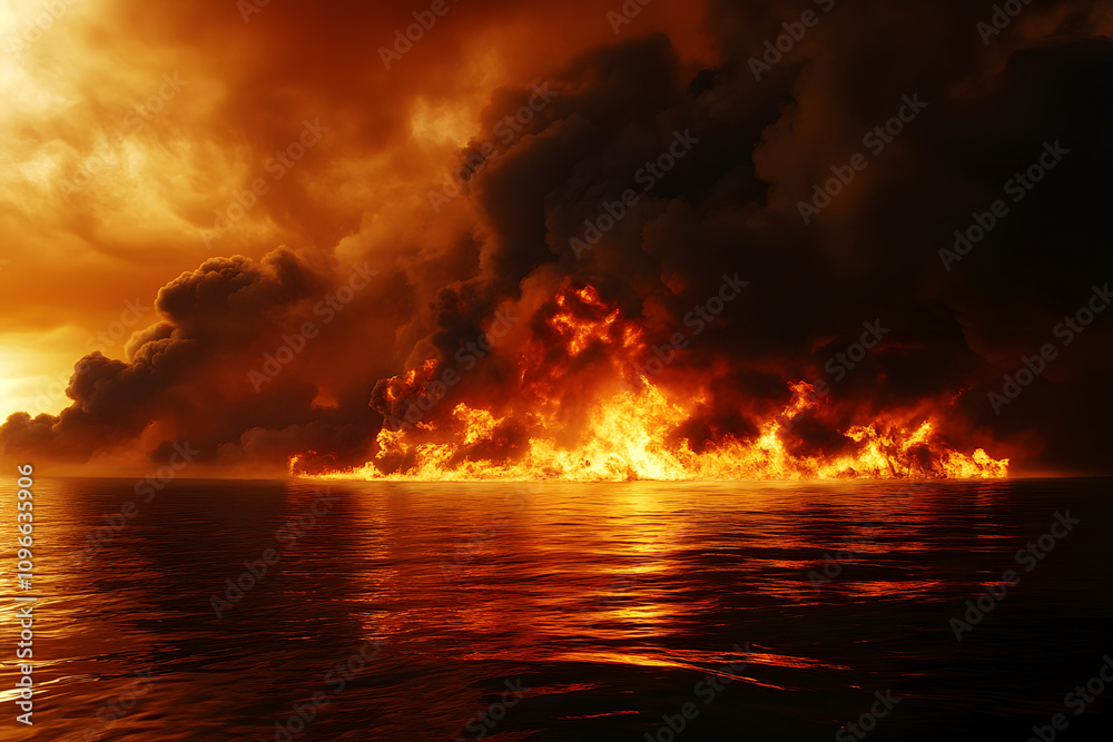 Massive fire on ocean water with thick black smoke, symbolizing environmental disaster, oil spill, pollution, ecological damage, and the critical need for environmental and climate action
Massive fire on ocean water with thick black smoke, symbolizing environmental disaster, oil spill, pollution, ecological damage, and the critical need for environmental and climate action