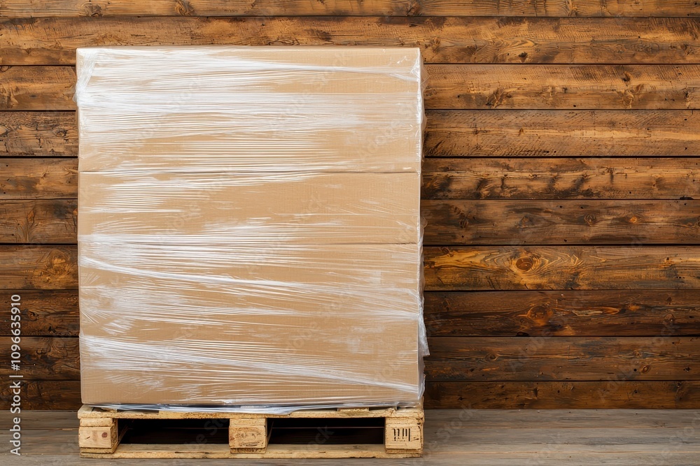A wrapped pallet of cardboard boxes stands against a rustic wooden wall, showcasing a neat and organized storage solution. A wrapped pallet of cardboard boxes stands against a rustic wooden wall, showcasing a neat and organized storage solution.