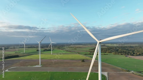 Aerial footage of wind turbines gracefully spin, with more wind turbines in the distance. Sustainable synergy of onshore and farming. Beautiful Landscape. Golden Hour. 4k