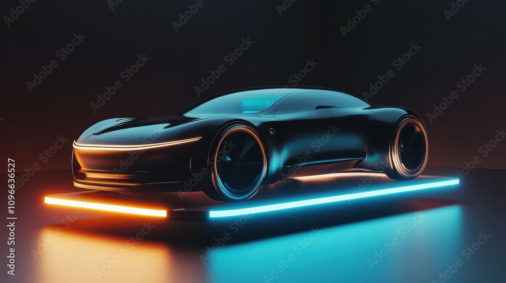 Showcasing a futuristic electric car model on a floating podium at an innovative auto expo urban environment modern perspective Showcasing a futuristic electric car model on a floating podium at an innovative auto expo urban environment modern perspective