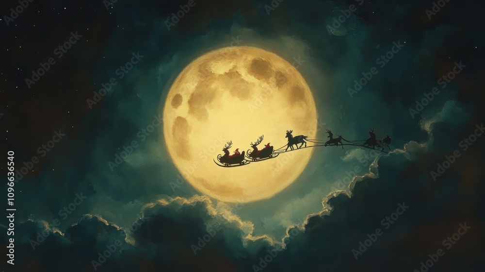 Santa Claus crossing the full moon with his sleigh and reindeer, the glowing night sky painted with vivid realism. Santa Claus crossing the full moon with his sleigh and reindeer, the glowing night sky painted with vivid realism.