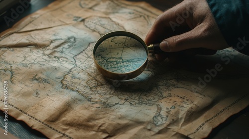 Exploring historical cartography magnifying glass over a vintage map in a study environment for insightful discoveries photo