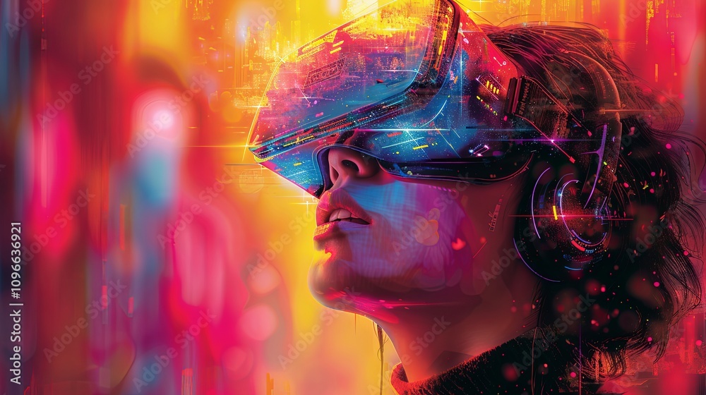 Person using VR goggles in an immersive digital world Person using VR goggles in an immersive digital world