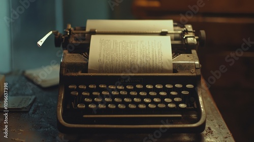 Captivating vintage typewriter with half-inserted sheet cozy home office creative content warm environment artistic viewpoint nostalgic concept