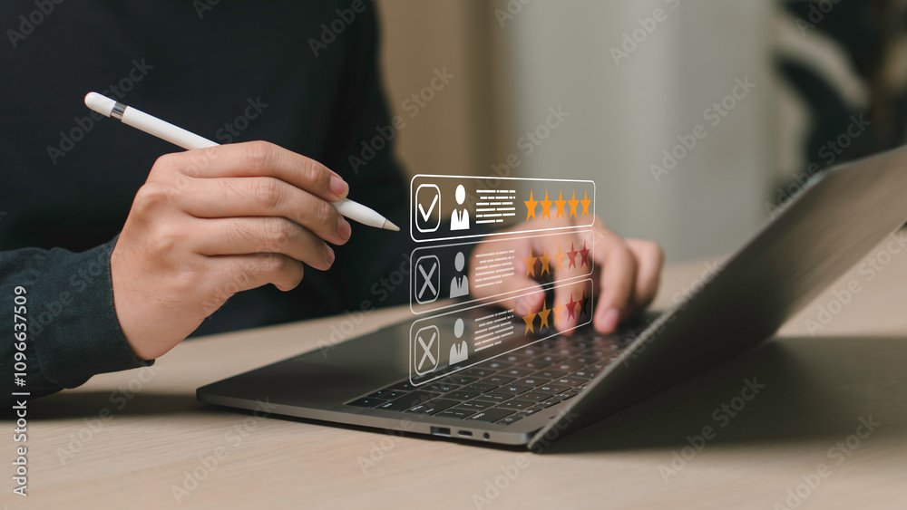 A person using laptop with star ratings and profile icons, representing online reviews, customer feedback, and digital evaluation processes.