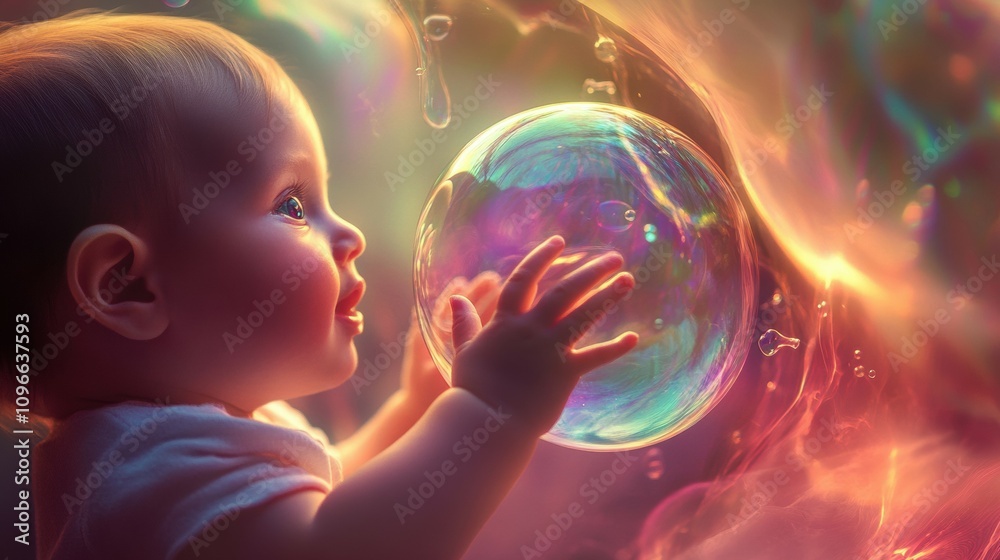 Naklejka premium Baby Reaching Out to Touch a Colorful Floating Bubble in Dreamy Atmosphere
