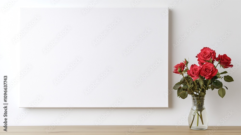 Blank wooden photo frame mockup on white wall with red roses in vase decoration. Concept of Minimal design Blank wooden photo frame mockup on white wall with red roses in vase decoration. Concept of Minimal design