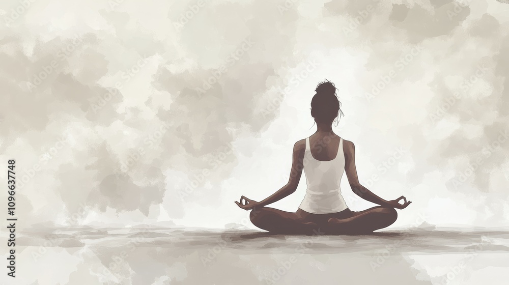 Woman Meditating in Yoga Pose on Calming Light Gray Background