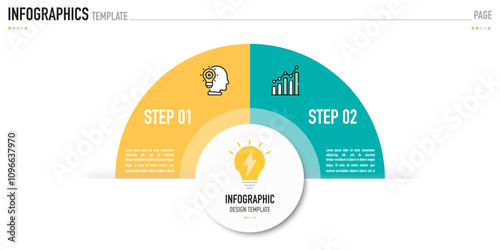 Semi circular infographic business template or element as a vector including 2 step, process, with colorful rectangle and icons on white background for slide or presentation, simple, modern, minimal