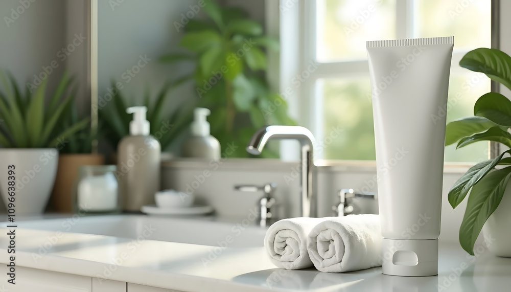 Fresh Bathroom Scene with Towels and Greenery Fresh Bathroom Scene with Towels and Greenery