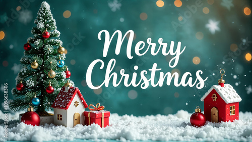 Christmas holiday background photography with white Handwriting thin Letters Merry Christmas over Christmas background with small snow Christmas tree, small houses, santa claus gifts and ball