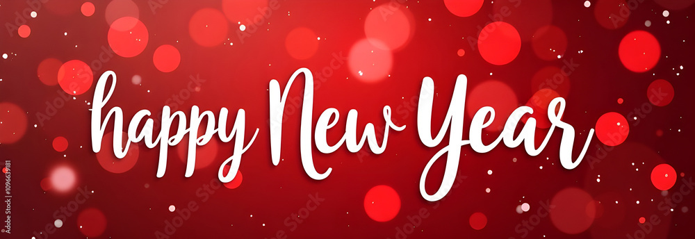 Big white Handwriting thin Letters happy new year over red banner Christmas background