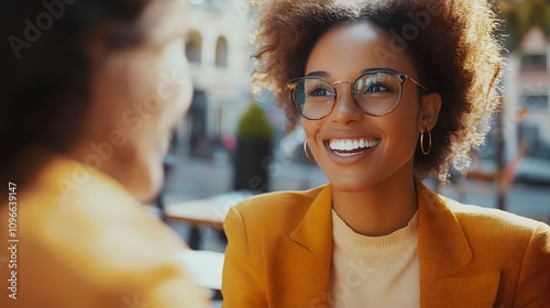 Happy woman smiling, wearing glasses, in conversation outdoors.