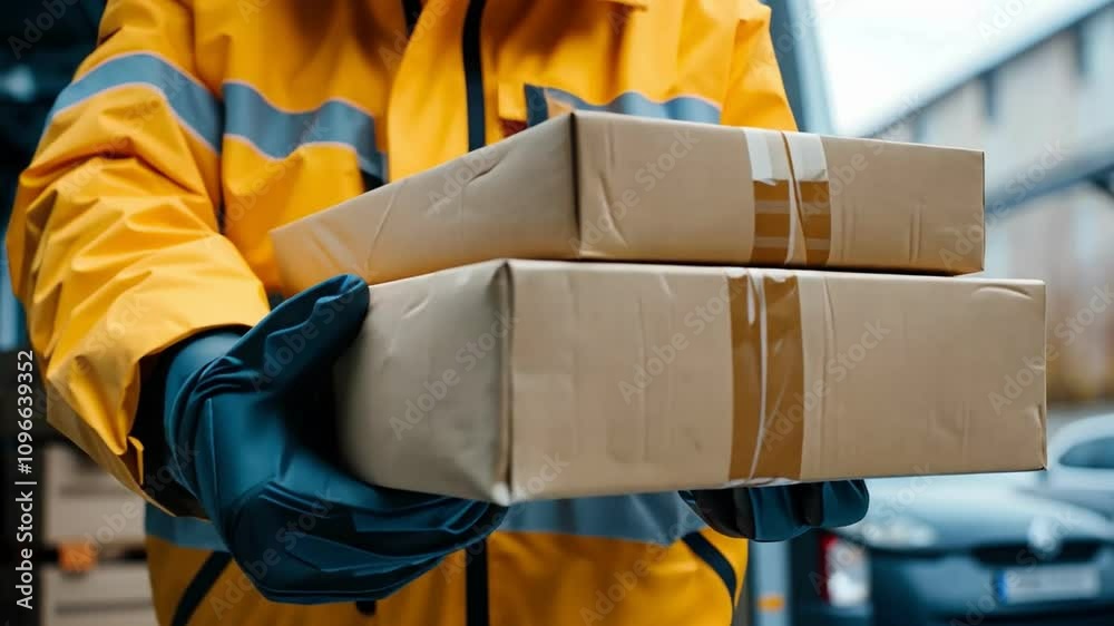 Delivery person in yellow jacket holds two packages, showcasing efficient service and timely delivery at a logistics hub.