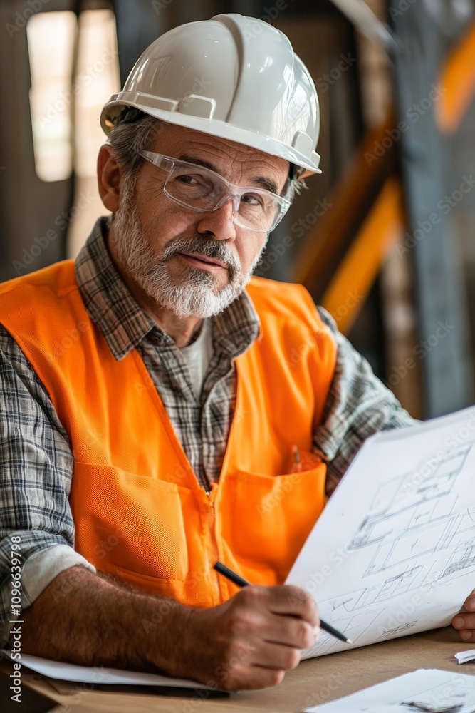 Close-up of a construction worker analyzing project designs in an office Close-up of a construction worker analyzing project designs in an office