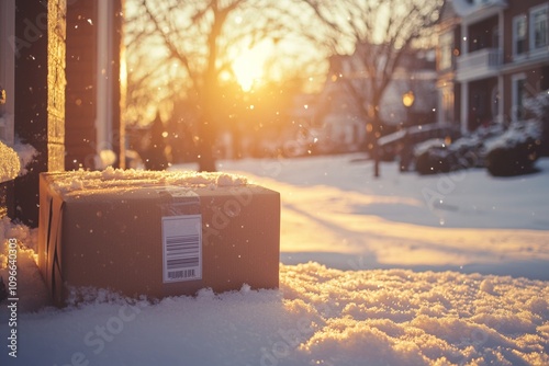 A cardboard package left on a snowy doorstep in a suburban neighborhood at sunrise. Highlights e-commerce, winter, and delivery services.
