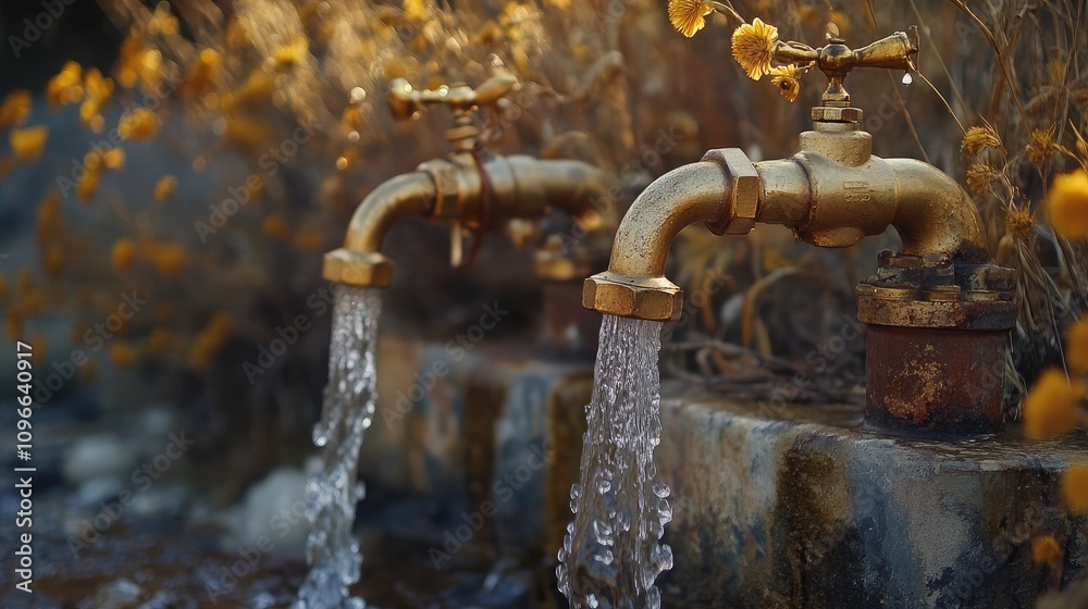 Rustic Water Faucets Flowing with Clear Water Surrounded by Delicate Wildflowers in a Natural Setting during Golden Hour Lighting Rustic Water Faucets Flowing with Clear Water Surrounded by Delicate Wildflowers in a Natural Setting during Golden Hour Lighting