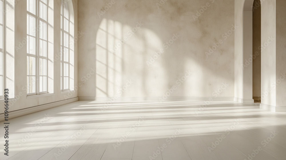 Sunlit concrete floor in minimal room with tall windows and soft shadows Sunlit concrete floor in minimal room with tall windows and soft shadows