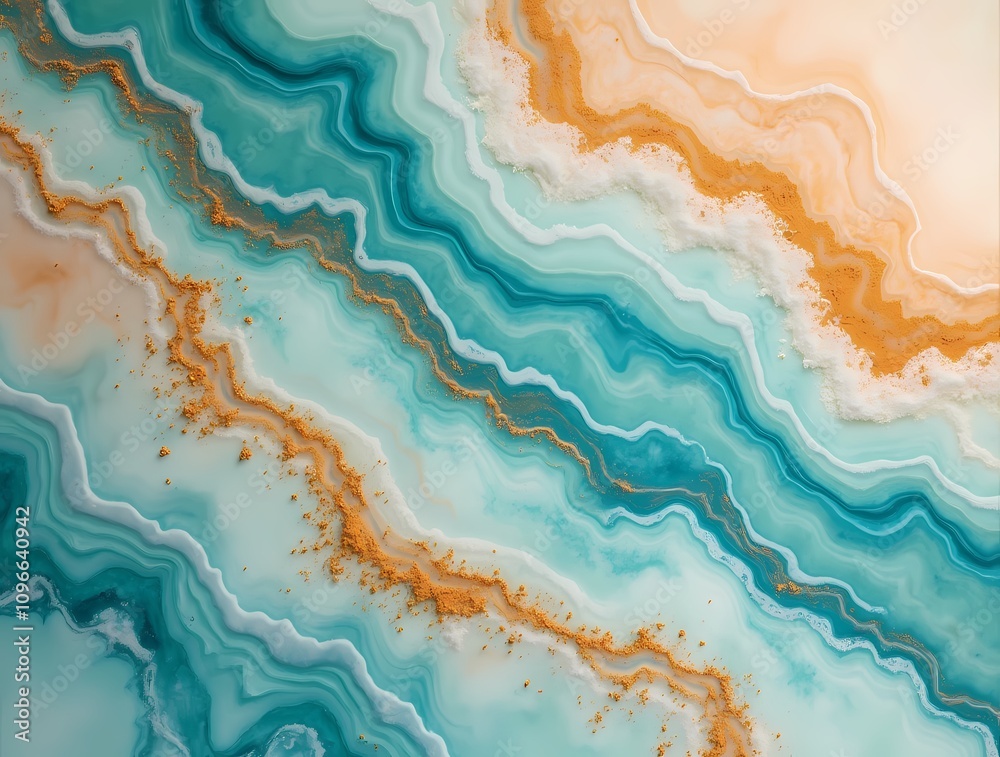 Marble background. Lines in turquoise and orange tones with gold powder Marble background. Lines in turquoise and orange tones with gold powder