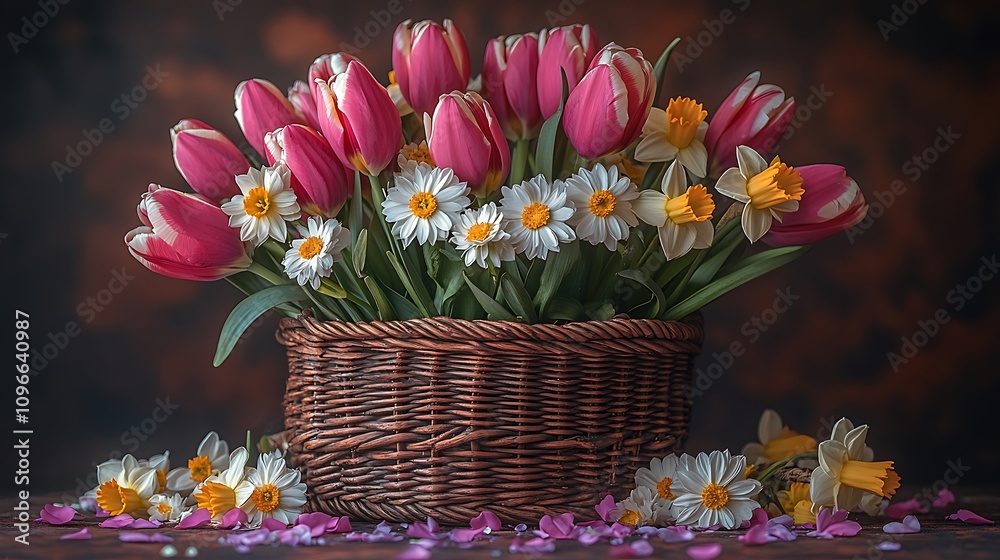 Vibrant pink tulips, white daisies, and yellow daffodils in a rustic wicker basket, scattered petals on wooden surface. Vibrant pink tulips, white daisies, and yellow daffodils in a rustic wicker basket, scattered petals on wooden surface.