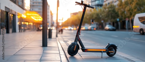 A compact electric scooter parked by a minimalist, smart cityscape