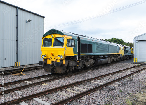 Modern freight locomotives on in a shunting and maintenance yard