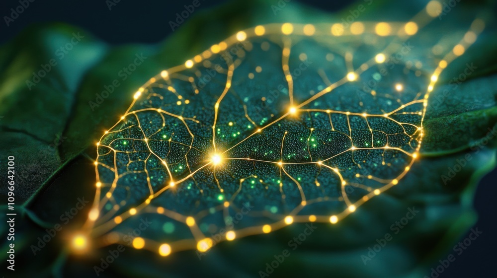 Naklejka premium Close-up leaf with glowing details