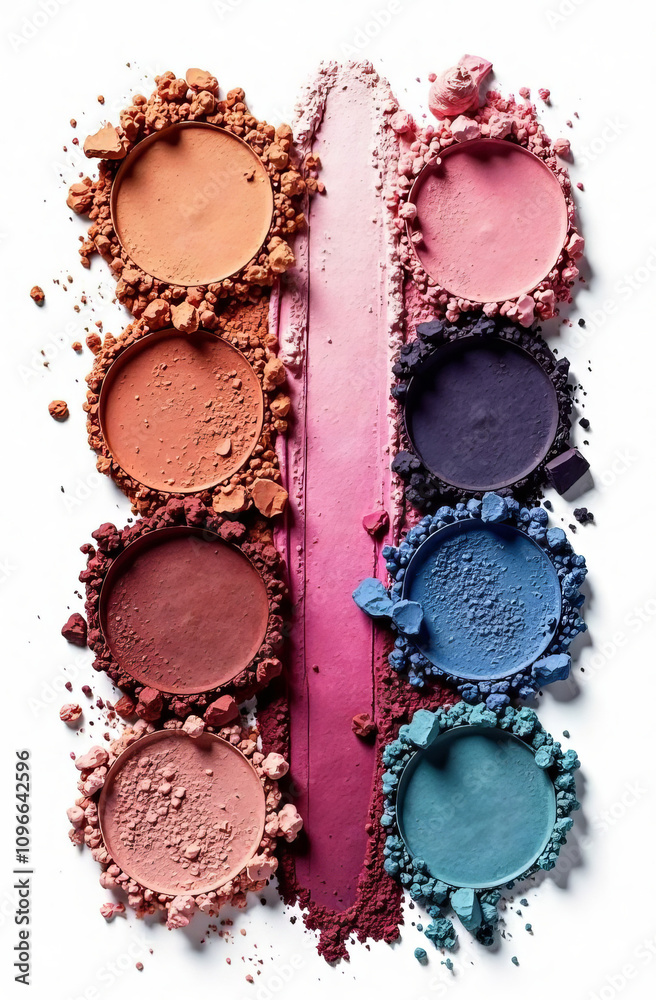 Set of crumbled eyeshadows, dry cracked texture, palette, different colors and shapes, isolate on white background Set of crumbled eyeshadows, dry cracked texture, palette, different colors and shapes, isolate on white background