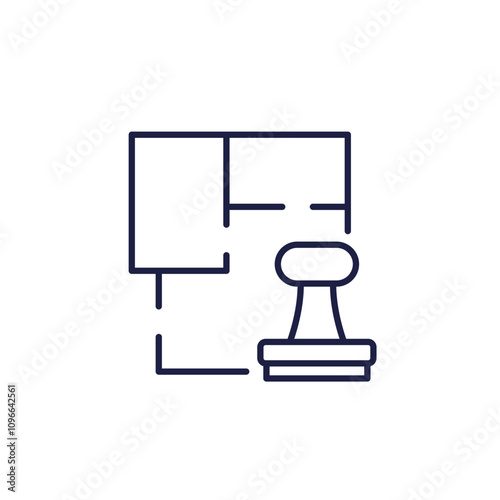 Home plan, room layout line icon with stamp