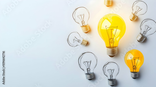 A glowing yellow light bulb surrounded by several unlit bulbs, symbolizing innovation, creativity, and ideas.