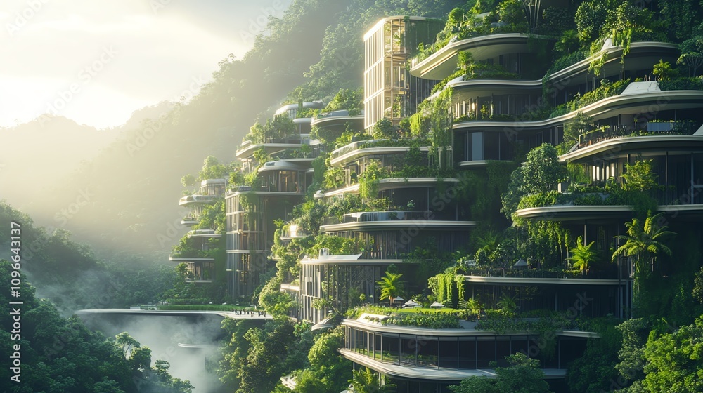 Obraz premium A futuristic eco-cityscape with sustainable buildings, covered in vertical gardens, blending seamlessly into the natural environment, ultra-realistic design